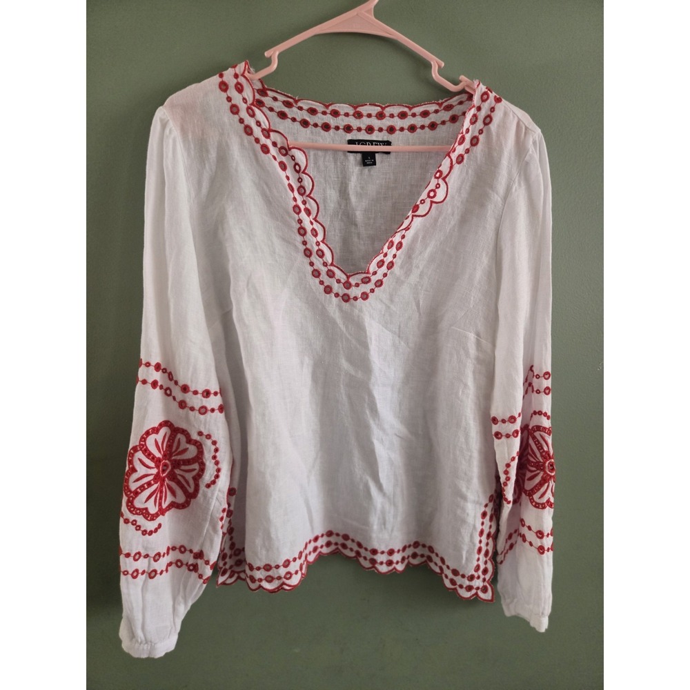 J.Crew White 100% Linen Embroidered Long Sleeve Blouse Floral Sz Small Eyelet